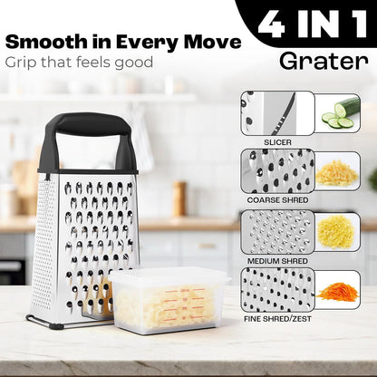 Professional Box Cheese Grater with Container & Handle | Durable Stainless Steel Cheese Shredder for Kitchen, Multi-Sided Food Chopper for Kitchen Use – Black