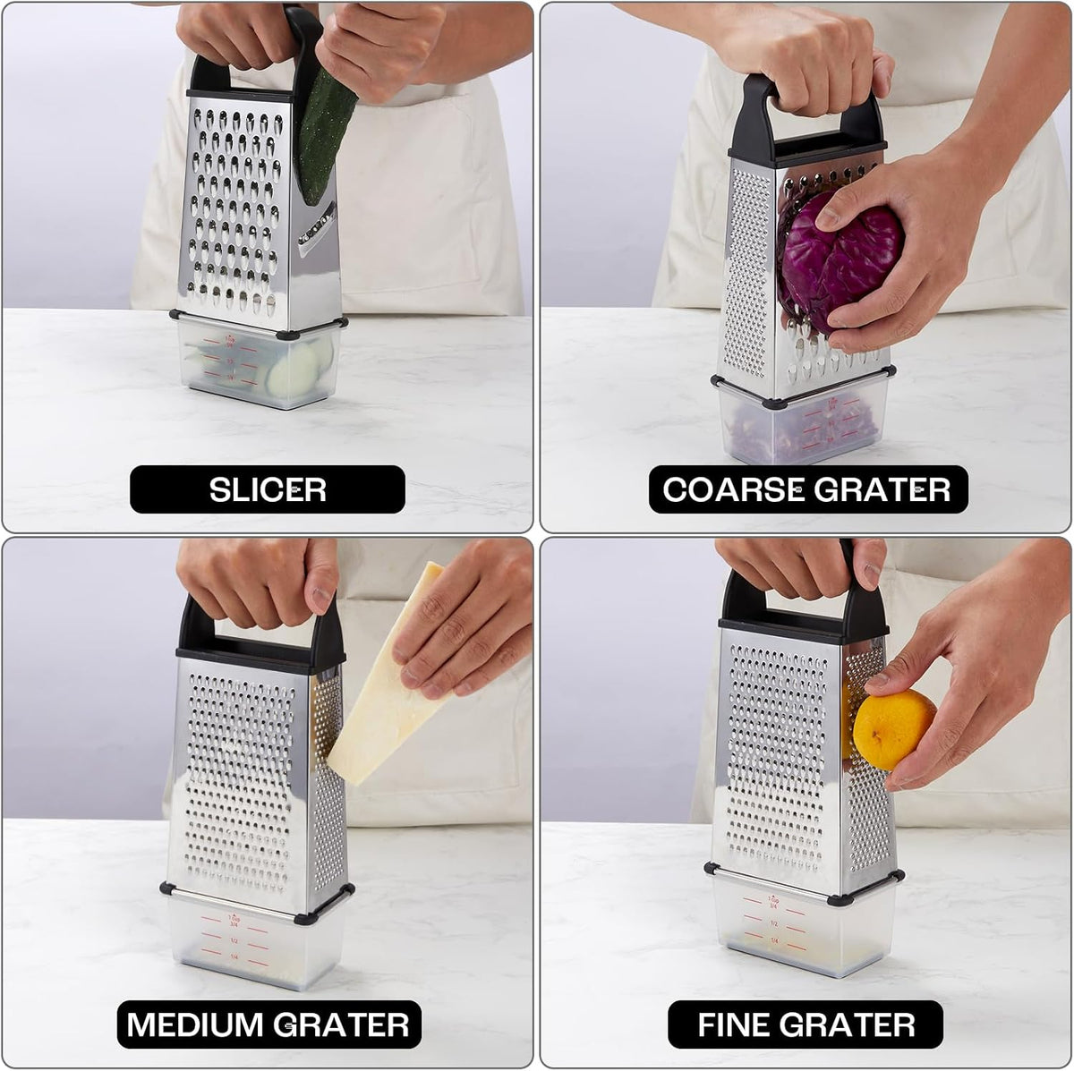 Professional Box Cheese Grater with Container & Handle | Durable Stainless Steel Cheese Shredder for Kitchen, Multi-Sided Food Chopper for Kitchen Use – Black