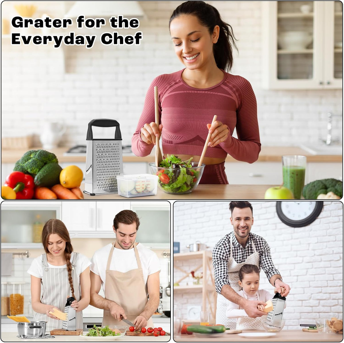 Professional Box Cheese Grater with Container & Handle | Durable Stainless Steel Cheese Shredder for Kitchen, Multi-Sided Food Chopper for Kitchen Use – Black