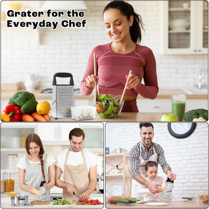 Professional Box Cheese Grater with Container & Handle | Durable Stainless Steel Cheese Shredder for Kitchen, Multi-Sided Food Chopper for Kitchen Use – Black