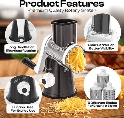 Professional Box Cheese Grater with Container & Handle | Durable Stainless Steel Cheese Shredder for Kitchen, Multi-Sided Food Chopper for Kitchen Use – Black