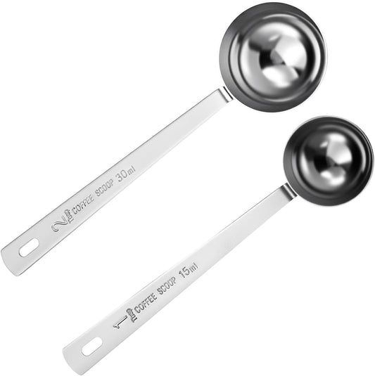 2Pcs Coffee Scoop,Long Handle Measuring Spoon15 Ml and 30 Ml Stainless Steel Coffee Scoop Set for Latte Beans Ground Espresso Espresso Protein Powders Tea Sugar