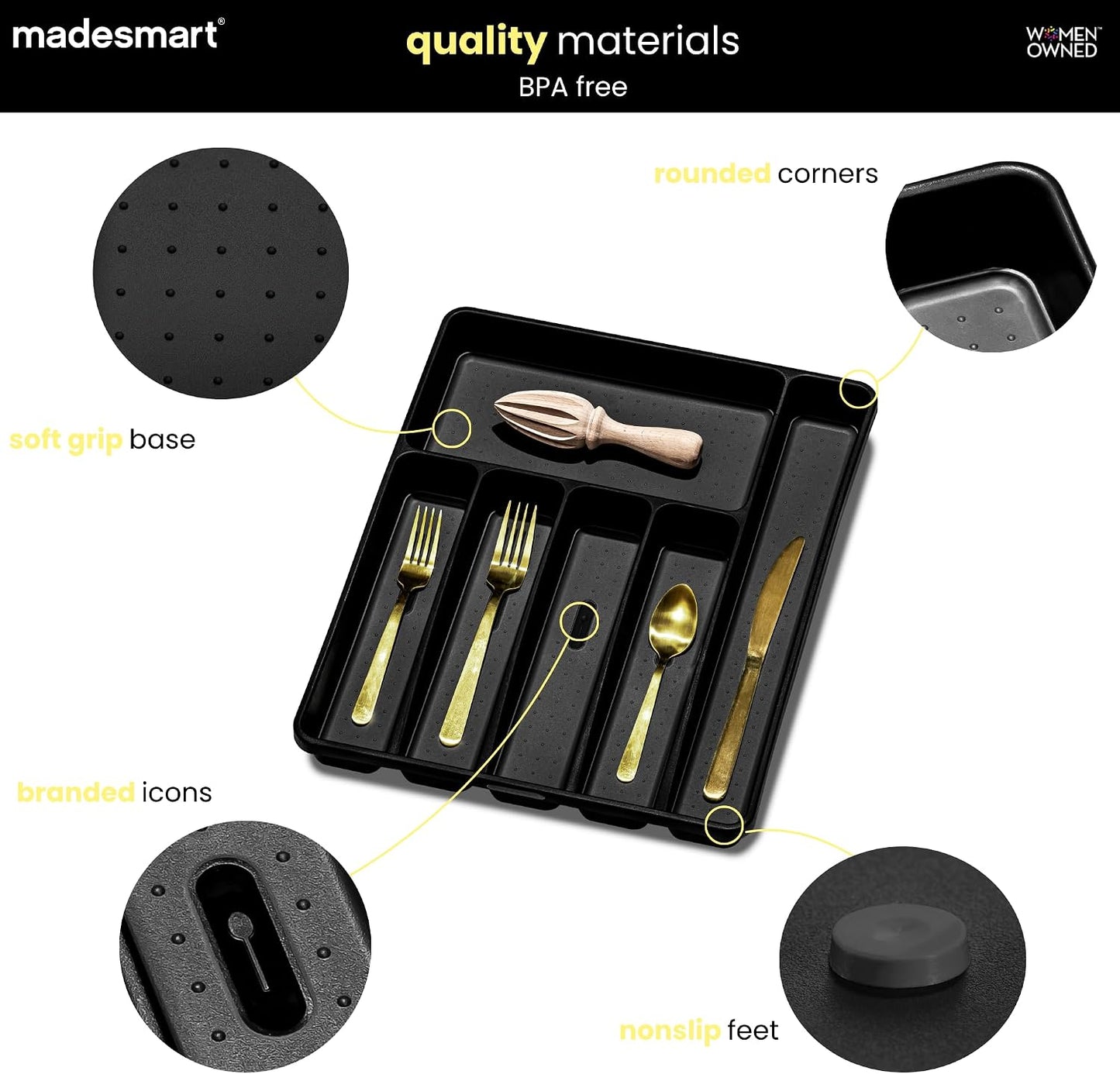 Classic Large Silverware Tray - Granite |CLASSIC COLLECTION | 6-Compartments| Kitchen Drawer Organizer | Soft-Grip Lining and Non-Slip Rubber Feet | BPA-Free