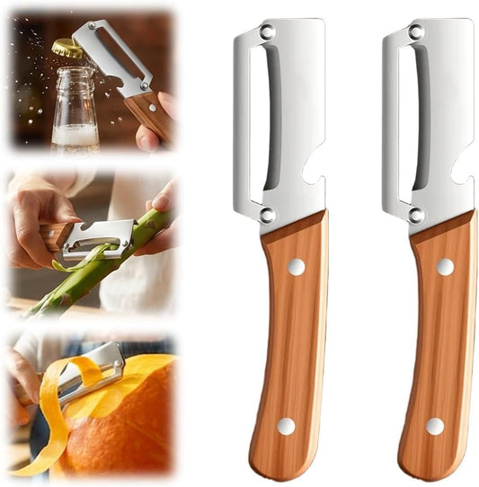 Multi-Functional Vegetable Peeler for Kitchen, 2026 New Stainless Steel Peeler with Wooden Handle and Bottle Opener, Kitchen Tool for Fruit Veggie Pumpkin, Gifts for Mom (2PCS)