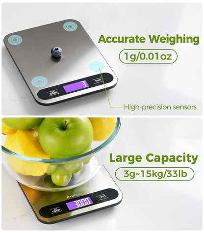 Food Scale -33lb Digital Kitchen Scale for Food Ounces Grams | Full View LCD Display, Durable Stainless Steel Surface, for Cooking, Baking, Meal Prep Black