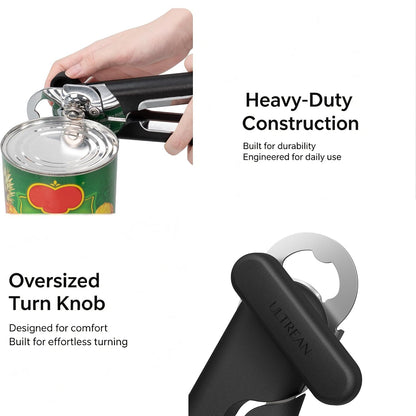 Can Opener Manual, Heavy Duty Stainless Steel Smooth Edge Can Opener with Ergonomic Handles and Oversized Easy Turn Knob for Seniors, Black