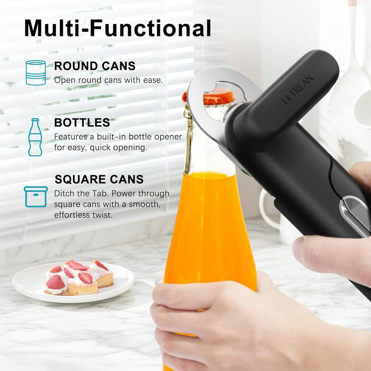 Can Opener Manual, Heavy Duty Stainless Steel Smooth Edge Can Opener with Ergonomic Handles and Oversized Easy Turn Knob for Seniors, Black