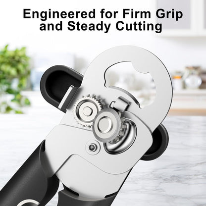Can Opener Manual, Heavy Duty Stainless Steel Smooth Edge Can Opener with Ergonomic Handles and Oversized Easy Turn Knob for Seniors, Black