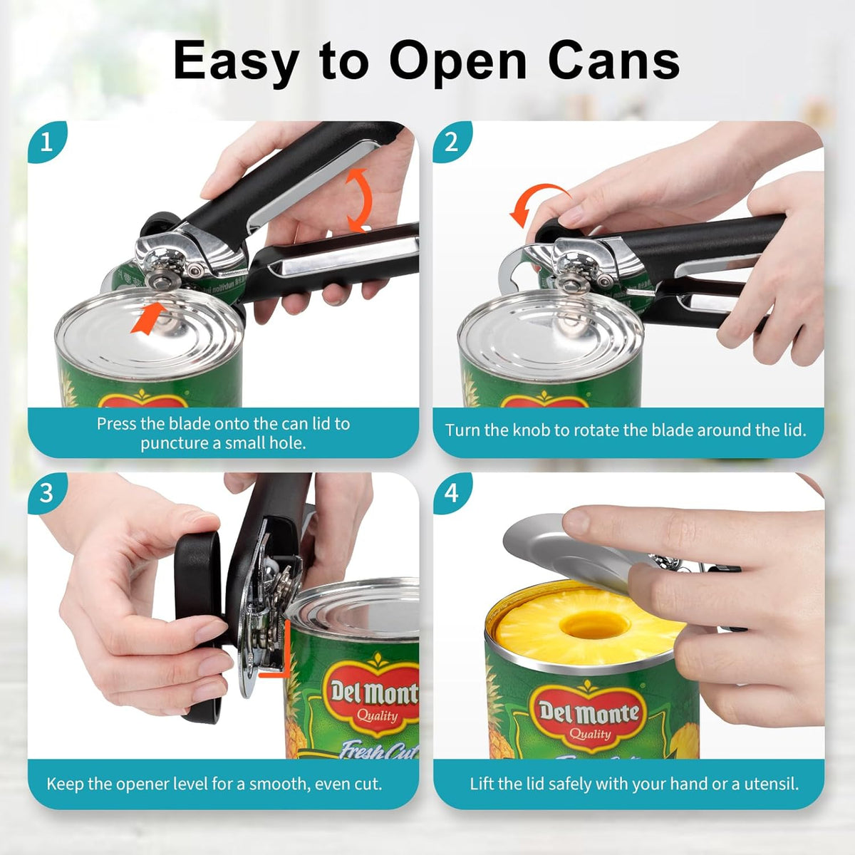 Can Opener Manual, Heavy Duty Stainless Steel Smooth Edge Can Opener with Ergonomic Handles and Oversized Easy Turn Knob for Seniors, Black