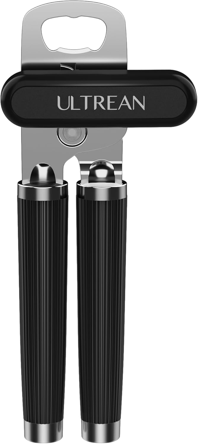 Can Opener Manual, Heavy Duty Stainless Steel Smooth Edge Can Opener with Ergonomic Handles and Oversized Easy Turn Knob for Seniors, Black