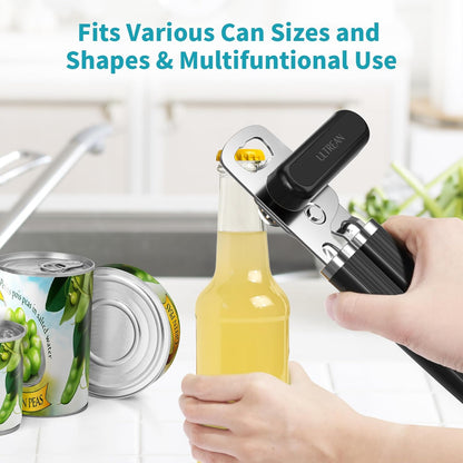 Can Opener Manual, Heavy Duty Stainless Steel Smooth Edge Can Opener with Ergonomic Handles and Oversized Easy Turn Knob for Seniors, Black