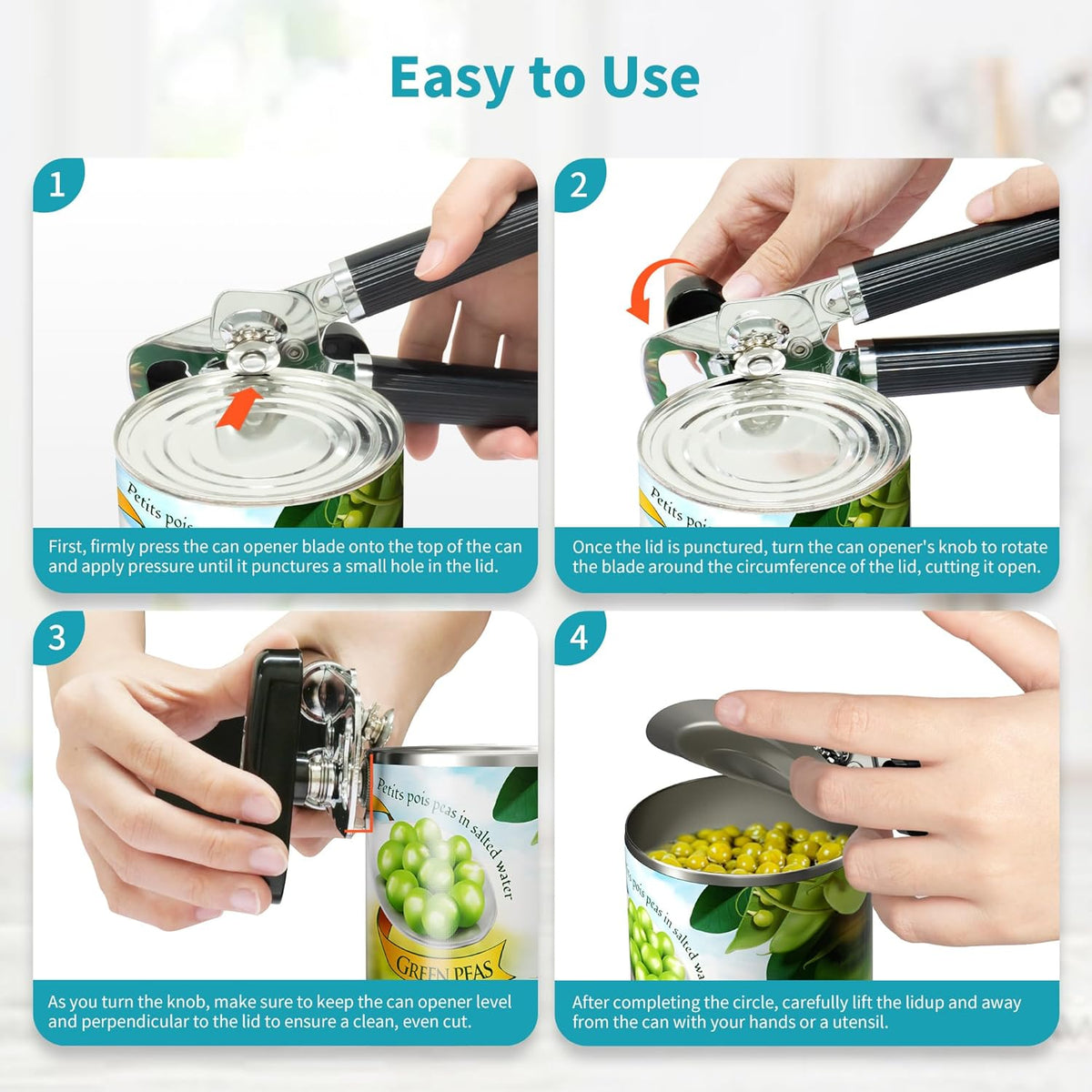 Can Opener Manual, Heavy Duty Stainless Steel Smooth Edge Can Opener with Ergonomic Handles and Oversized Easy Turn Knob for Seniors, Black