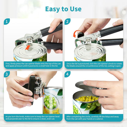 Can Opener Manual, Heavy Duty Stainless Steel Smooth Edge Can Opener with Ergonomic Handles and Oversized Easy Turn Knob for Seniors, Black