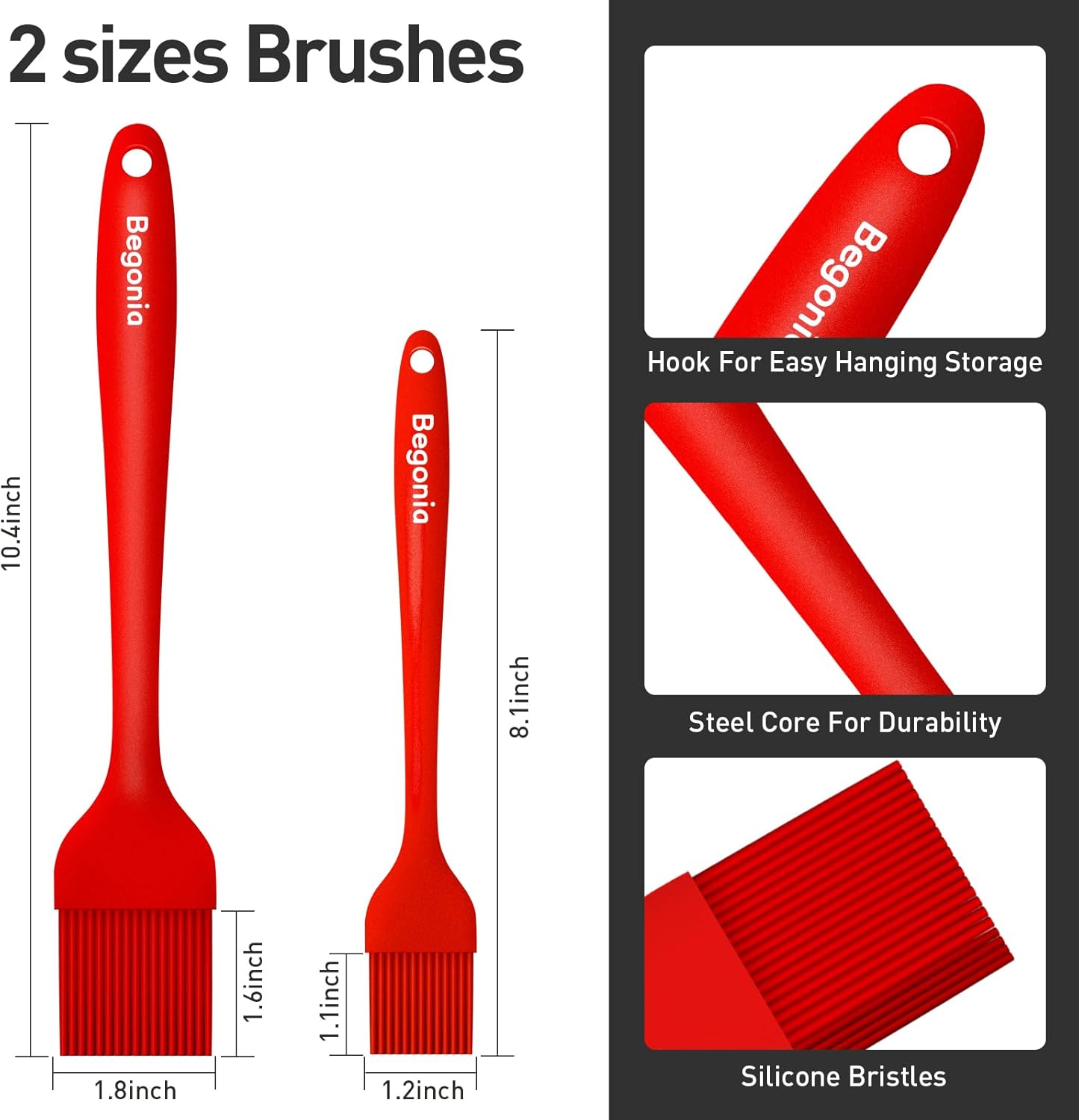 Silicone Basting Pastry Brush-2pcs Heat Resistant Cooking Brush for Oil, Sauce, Butter, BBQ, Grill and Marinade, BPA Free, Dishwasher Safe （Red）