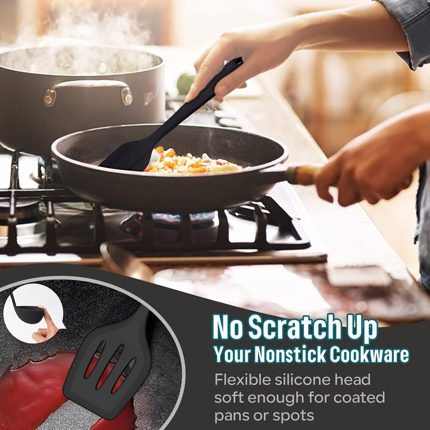 Silicone Cooking Utensils Set, 7-Piece Black Heat Resistant Kitchen Utensils Set, Kitchen Nonstick Tools Spatula Ladle Spoon Pasta Server for Non-stick Cookware, Non-Toxic & Dishwasher safe