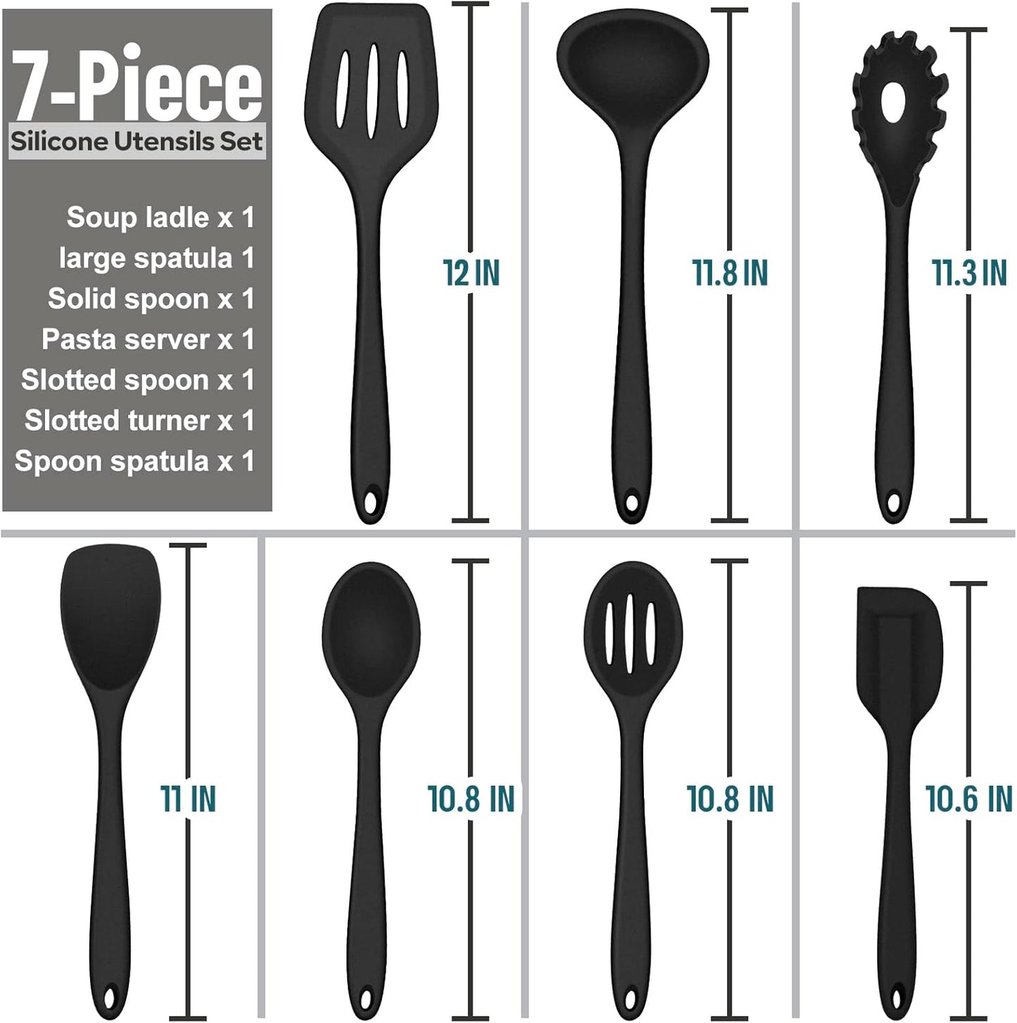 Silicone Cooking Utensils Set, 7-Piece Black Heat Resistant Kitchen Utensils Set, Kitchen Nonstick Tools Spatula Ladle Spoon Pasta Server for Non-stick Cookware, Non-Toxic & Dishwasher safe