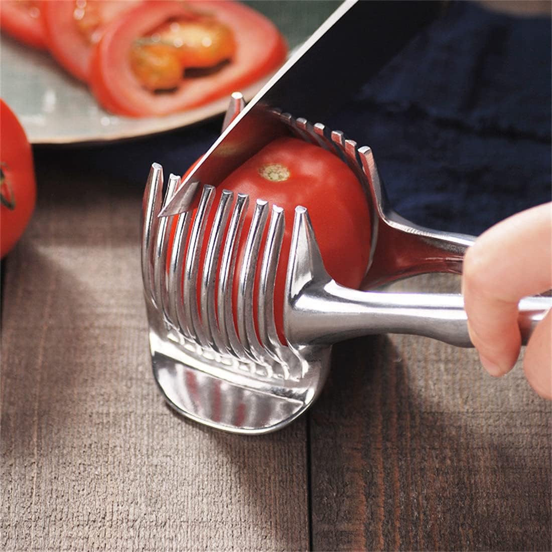 InfantLY Bright Kitchen Gadgets Handy Stainless Steel Onion Holder Potato Tomato Slicer Vegetable Fruit Cutter Safety Cooking Tools Accessories