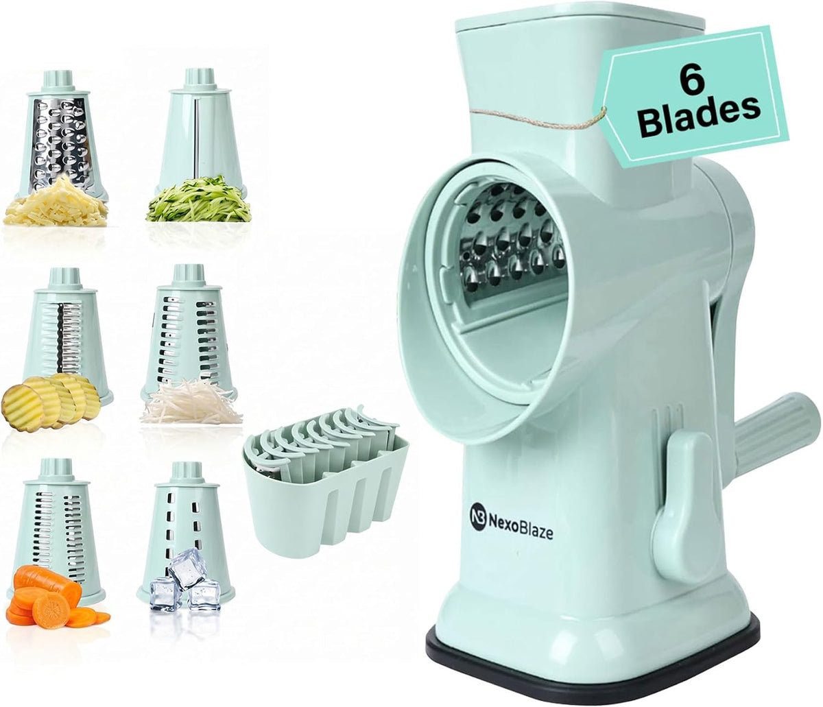 Rotary Cheese Grater with Hand Crank – 6-in-1 Cheese Shredder, 6 Stainless Steel Blades, Reinforced Suction Base, Grater for Cheese, Vegetables, Nuts