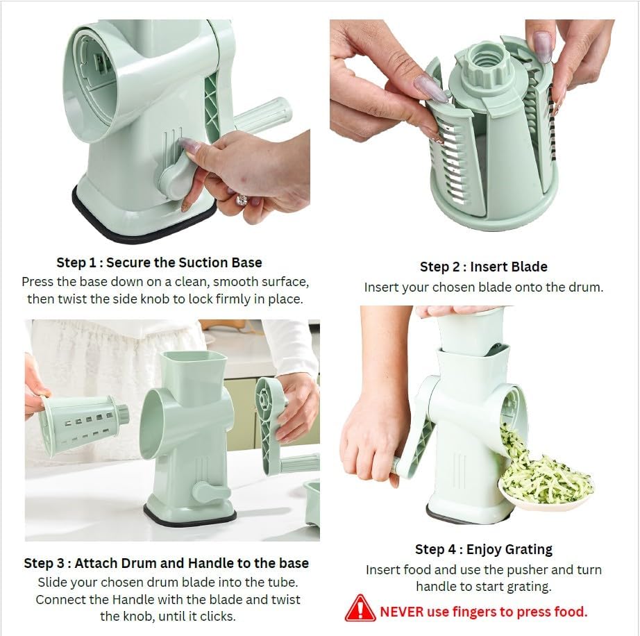 Rotary Cheese Grater with Hand Crank – 6-in-1 Cheese Shredder, 6 Stainless Steel Blades, Reinforced Suction Base, Grater for Cheese, Vegetables, Nuts