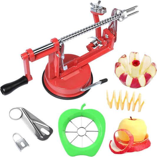 Apple Peeler Corer, Apple Peeler, 3 in 1 Peel Slice Remove Core, with Suction Base Suitable for Apples, Pears, Potatoes, Carrots (Red)