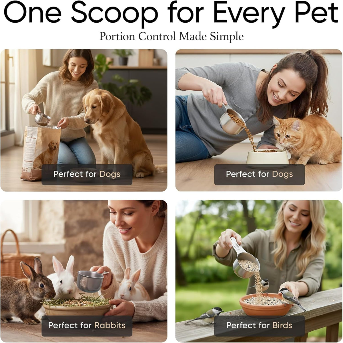 Color Up 2 Scoop (2 Cup / 480 ml) Stainless Steel Pet Food Measuring Scoop for Dogs, Cats, Rabbits & Birds – Dual Pour Spouts, Ergonomic Handle, Dishwasher Safe