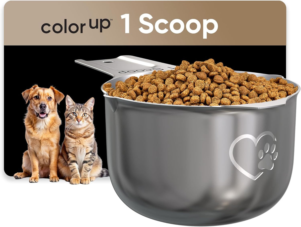 Color Up 2 Scoop (2 Cup / 480 ml) Stainless Steel Pet Food Measuring Scoop for Dogs, Cats, Rabbits & Birds – Dual Pour Spouts, Ergonomic Handle, Dishwasher Safe