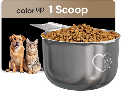 Color Up 2 Scoop (2 Cup / 480 ml) Stainless Steel Pet Food Measuring Scoop for Dogs, Cats, Rabbits & Birds – Dual Pour Spouts, Ergonomic Handle, Dishwasher Safe