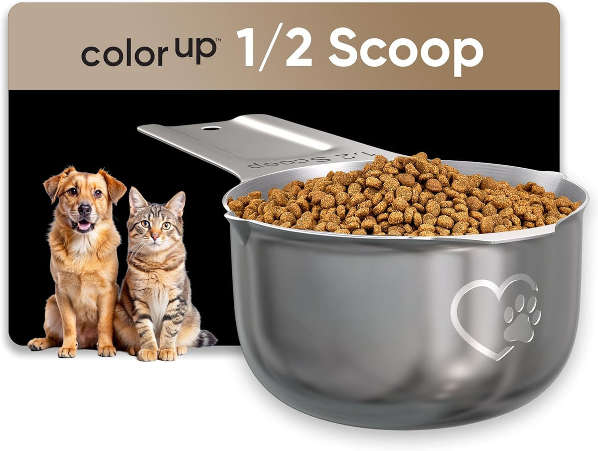 Color Up 2 Scoop (2 Cup / 480 ml) Stainless Steel Pet Food Measuring Scoop for Dogs, Cats, Rabbits & Birds – Dual Pour Spouts, Ergonomic Handle, Dishwasher Safe