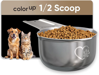 Color Up 2 Scoop (2 Cup / 480 ml) Stainless Steel Pet Food Measuring Scoop for Dogs, Cats, Rabbits & Birds – Dual Pour Spouts, Ergonomic Handle, Dishwasher Safe
