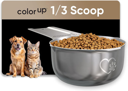 Color Up 2 Scoop (2 Cup / 480 ml) Stainless Steel Pet Food Measuring Scoop for Dogs, Cats, Rabbits & Birds – Dual Pour Spouts, Ergonomic Handle, Dishwasher Safe