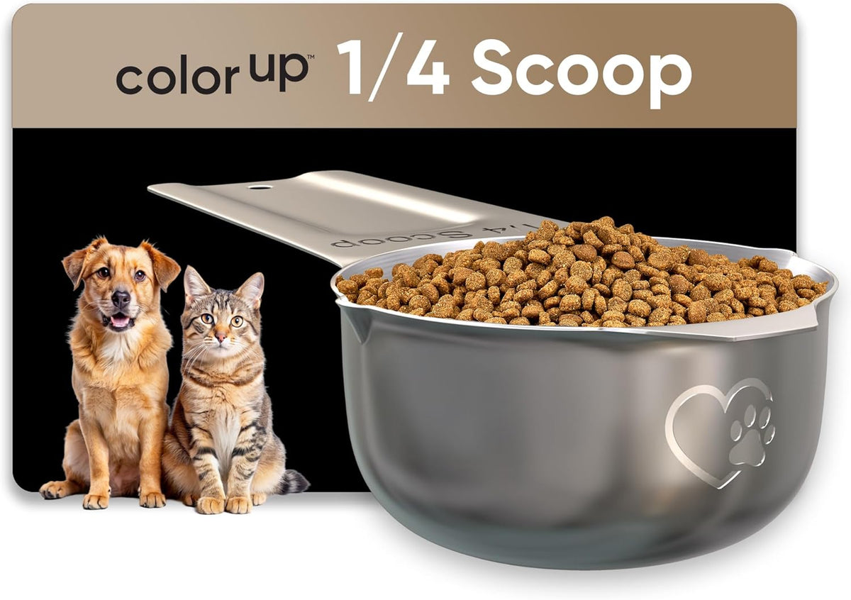 Color Up 2 Scoop (2 Cup / 480 ml) Stainless Steel Pet Food Measuring Scoop for Dogs, Cats, Rabbits & Birds – Dual Pour Spouts, Ergonomic Handle, Dishwasher Safe