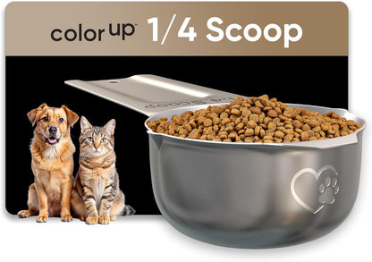 Color Up 2 Scoop (2 Cup / 480 ml) Stainless Steel Pet Food Measuring Scoop for Dogs, Cats, Rabbits & Birds – Dual Pour Spouts, Ergonomic Handle, Dishwasher Safe