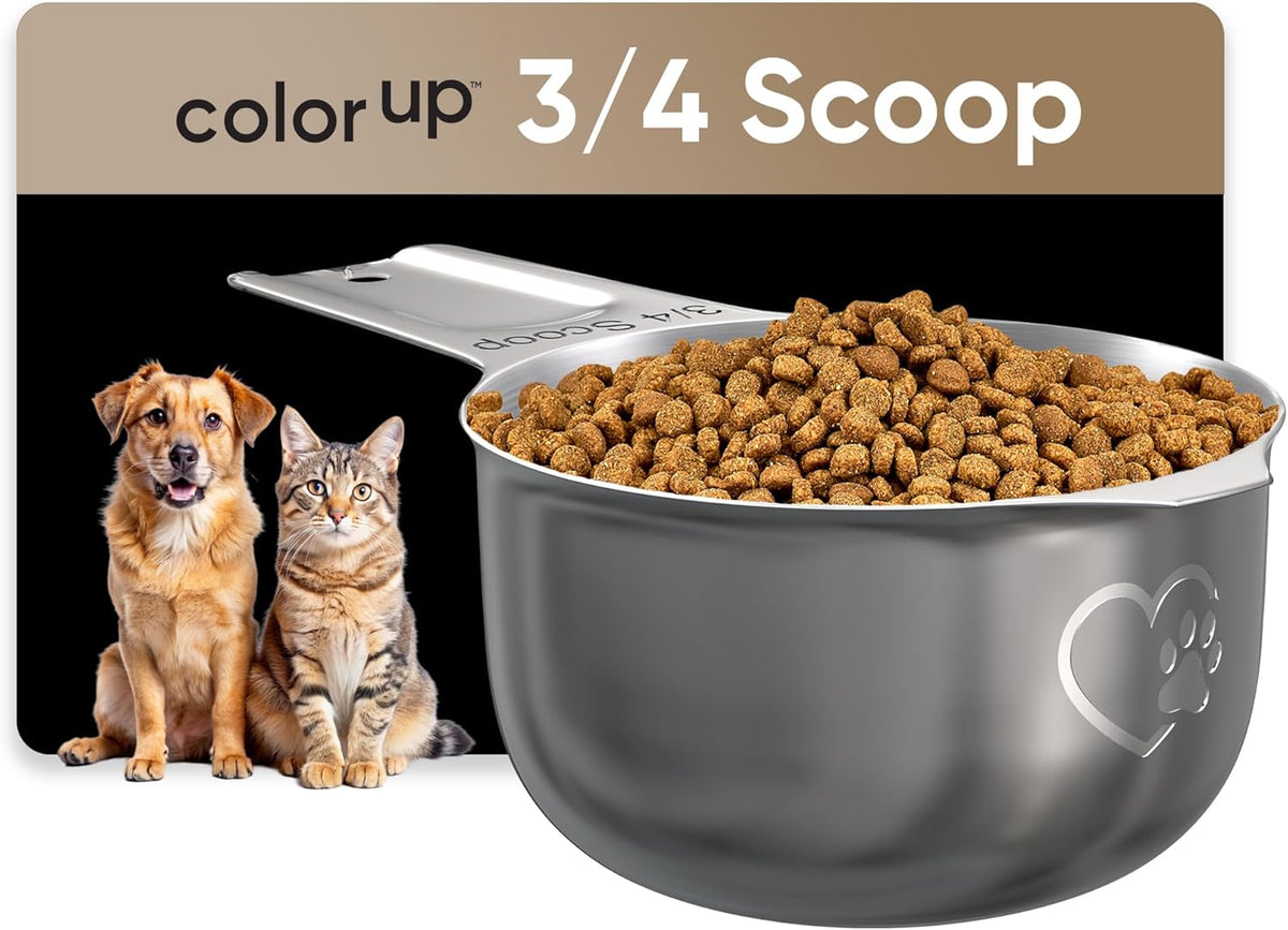 Color Up 2 Scoop (2 Cup / 480 ml) Stainless Steel Pet Food Measuring Scoop for Dogs, Cats, Rabbits & Birds – Dual Pour Spouts, Ergonomic Handle, Dishwasher Safe