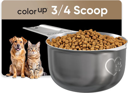 Color Up 2 Scoop (2 Cup / 480 ml) Stainless Steel Pet Food Measuring Scoop for Dogs, Cats, Rabbits & Birds – Dual Pour Spouts, Ergonomic Handle, Dishwasher Safe