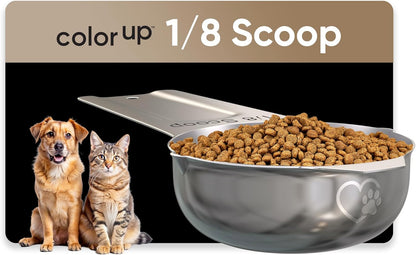Color Up 2 Scoop (2 Cup / 480 ml) Stainless Steel Pet Food Measuring Scoop for Dogs, Cats, Rabbits & Birds – Dual Pour Spouts, Ergonomic Handle, Dishwasher Safe