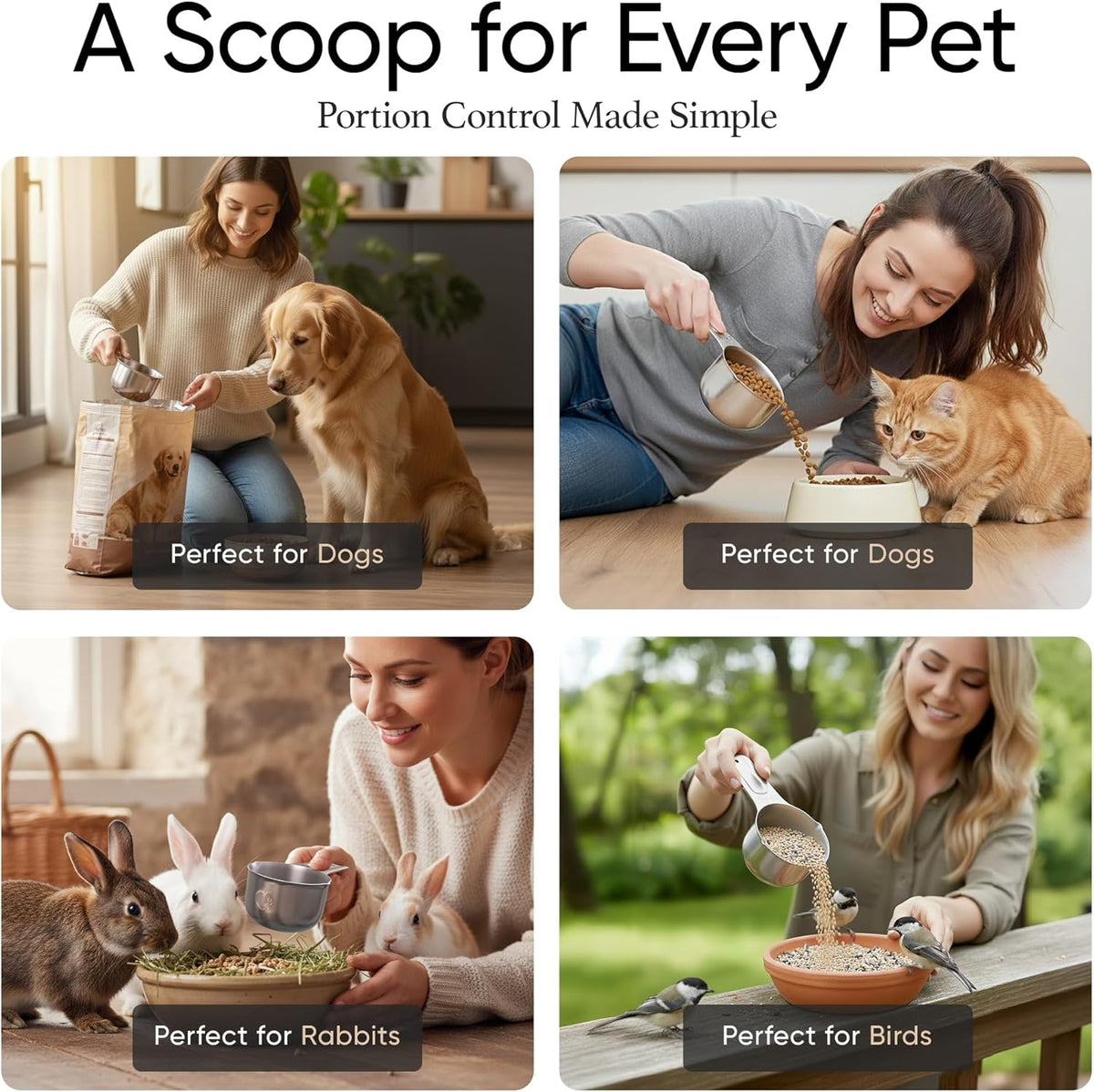 Color Up 2 Scoop (2 Cup / 480 ml) Stainless Steel Pet Food Measuring Scoop for Dogs, Cats, Rabbits & Birds – Dual Pour Spouts, Ergonomic Handle, Dishwasher Safe