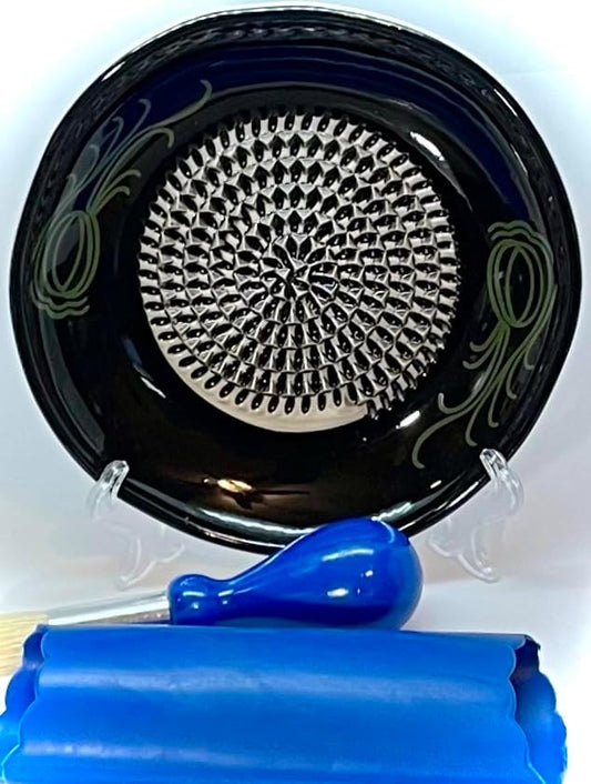 Premium Ceramic Garlic Grater Plate Set - Black Garlic | Includes 5.25" Plate, Peeler, Brush, and Stand - For Strawberries, Ginger, Chocolate, Cheese, and more - Make your own puree!