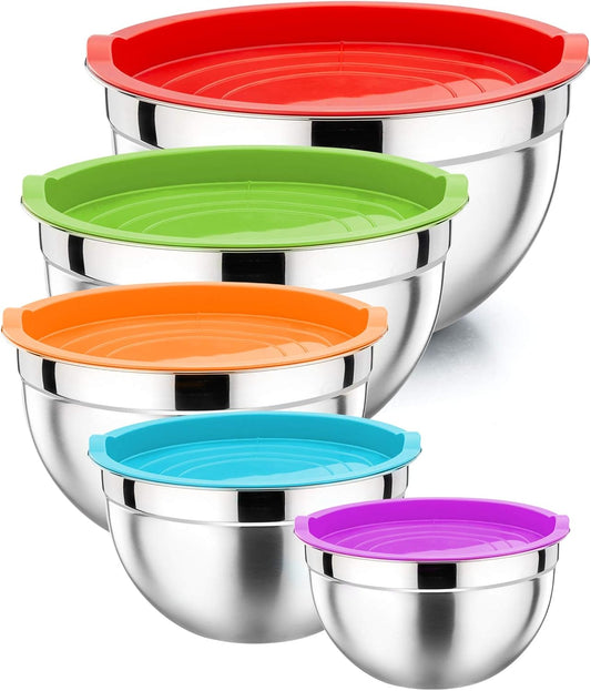 Mixing Bowls with Airtight Lids Set of 5, 10-Piece Stainless Steel Mixing Nesting Bowl, Metal Bowl with Lid for Kitchen Prepping & Storing, Size 4.6, 3, 1.5, 1, 0.7 QT, Multicolor