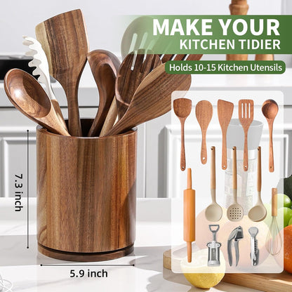 Acacia Wood Utensil Holder, 360° Rotating 7.3 in Kitchen Organizer | Rustic farmhouse countertop decor. Rotating base for easy access to spatulas, spoons, and cooking utensils. 7.3-inch capacity