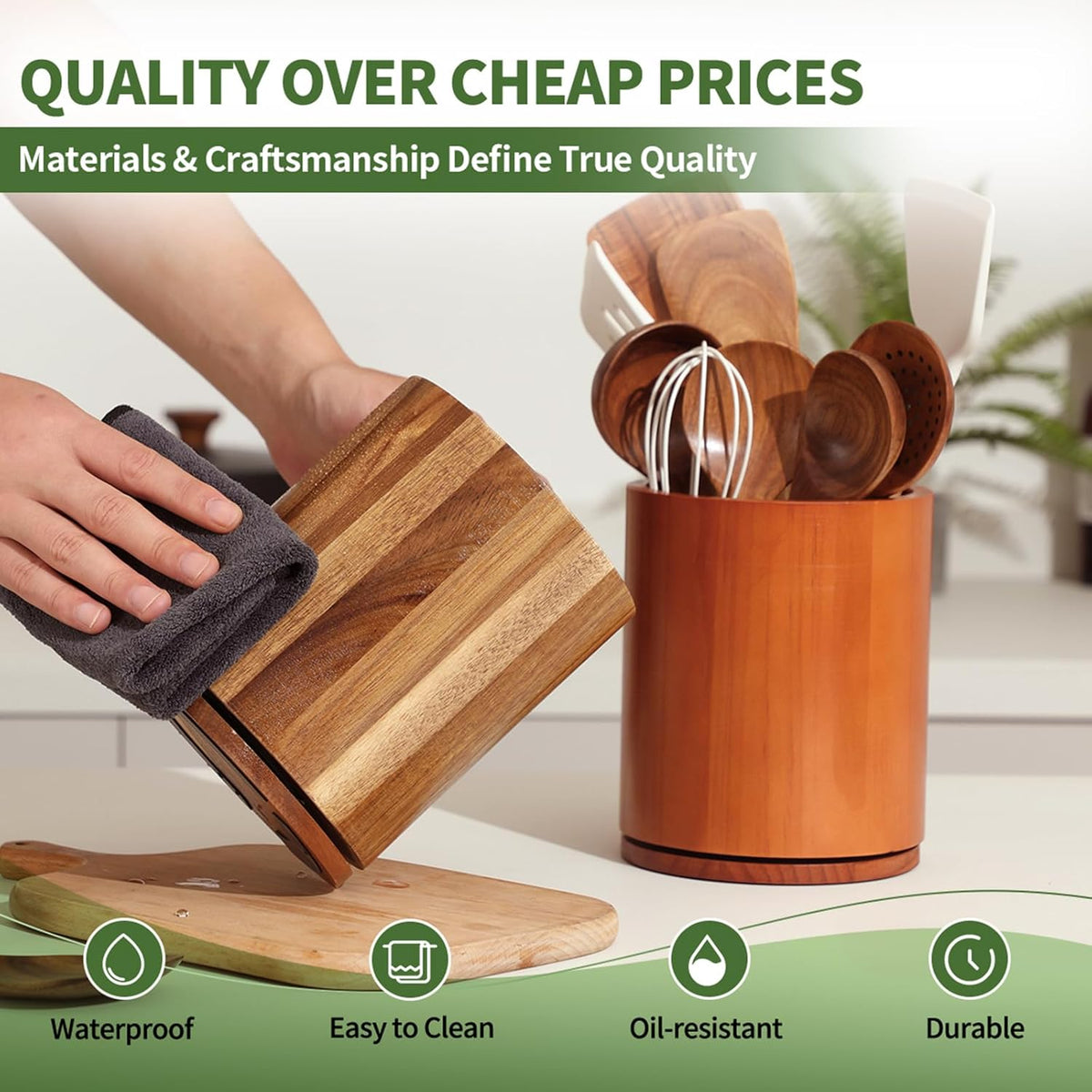 Acacia Wood Utensil Holder, 360° Rotating 7.3 in Kitchen Organizer | Rustic farmhouse countertop decor. Rotating base for easy access to spatulas, spoons, and cooking utensils. 7.3-inch capacity