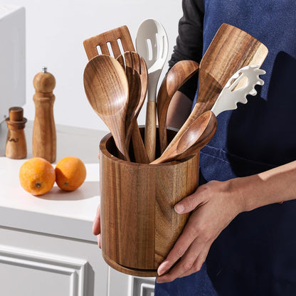 Acacia Wood Utensil Holder, 360° Rotating 7.3 in Kitchen Organizer | Rustic farmhouse countertop decor. Rotating base for easy access to spatulas, spoons, and cooking utensils. 7.3-inch capacity