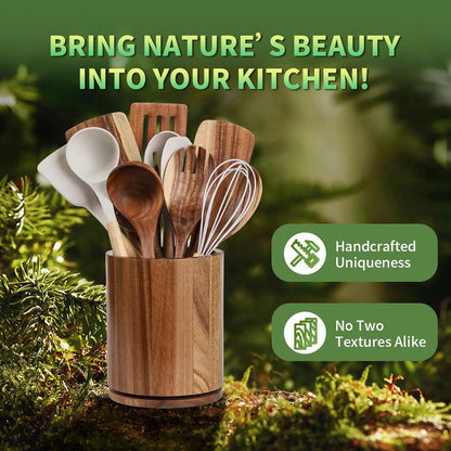 Acacia Wood Utensil Holder, 360° Rotating 7.3 in Kitchen Organizer | Rustic farmhouse countertop decor. Rotating base for easy access to spatulas, spoons, and cooking utensils. 7.3-inch capacity