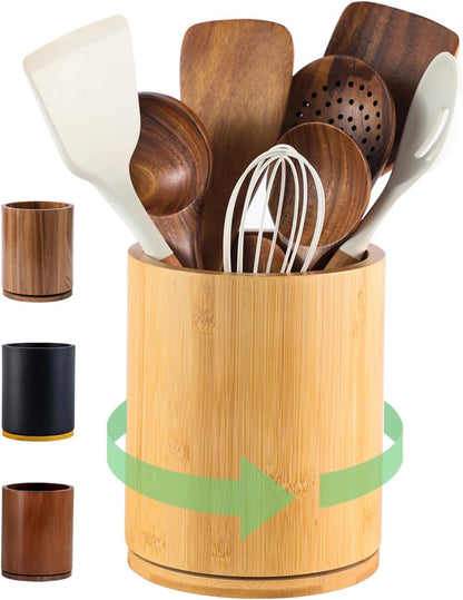 Acacia Wood Utensil Holder, 360° Rotating 7.3 in Kitchen Organizer | Rustic farmhouse countertop decor. Rotating base for easy access to spatulas, spoons, and cooking utensils. 7.3-inch capacity