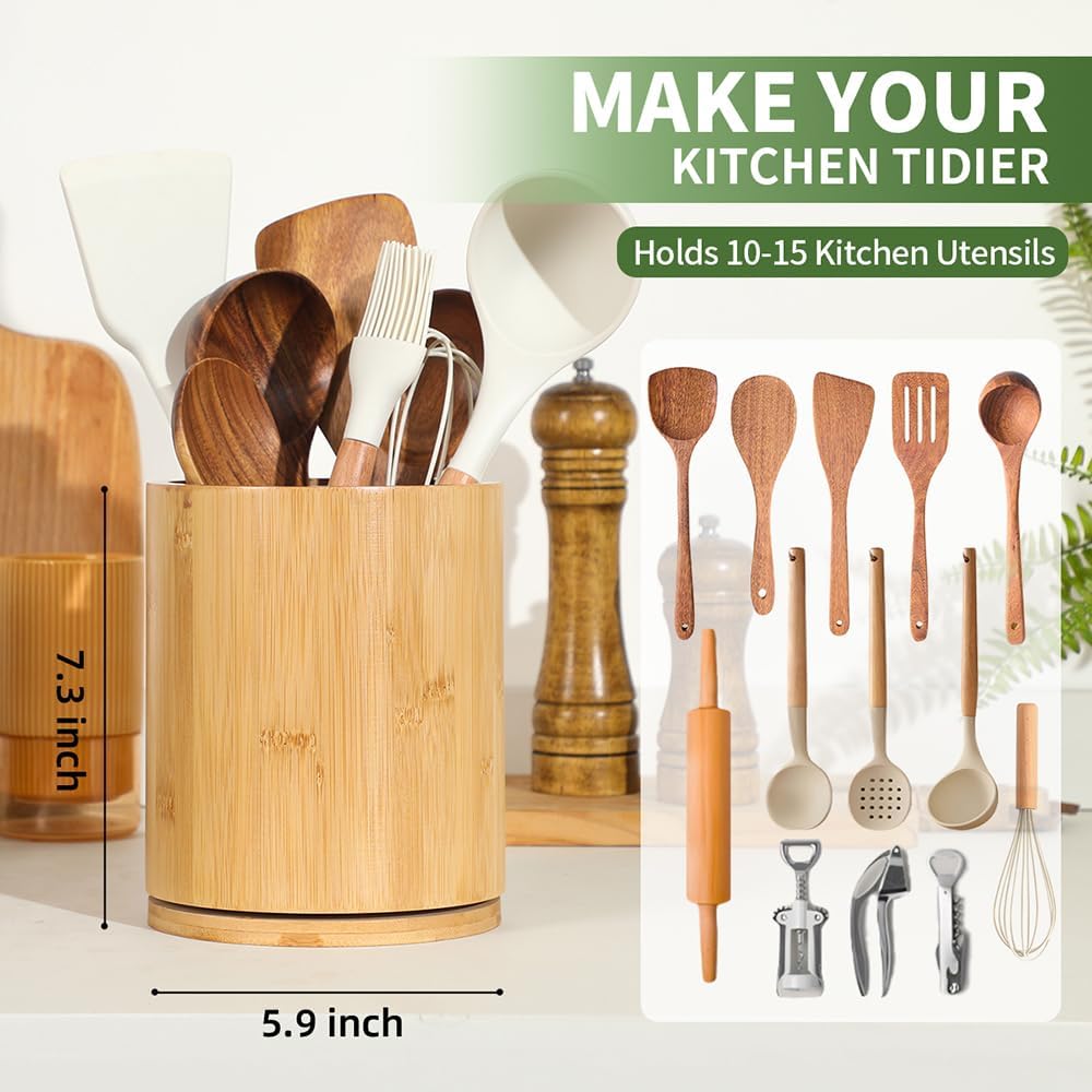 Acacia Wood Utensil Holder, 360° Rotating 7.3 in Kitchen Organizer | Rustic farmhouse countertop decor. Rotating base for easy access to spatulas, spoons, and cooking utensils. 7.3-inch capacity