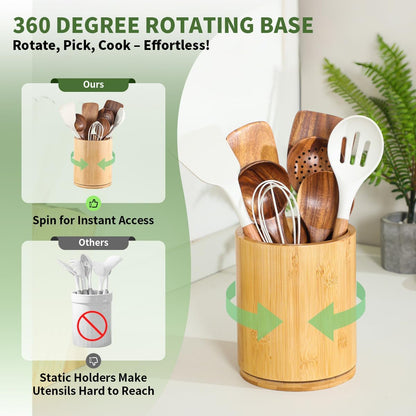 Acacia Wood Utensil Holder, 360° Rotating 7.3 in Kitchen Organizer | Rustic farmhouse countertop decor. Rotating base for easy access to spatulas, spoons, and cooking utensils. 7.3-inch capacity