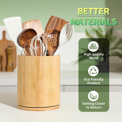 Acacia Wood Utensil Holder, 360° Rotating 7.3 in Kitchen Organizer | Rustic farmhouse countertop decor. Rotating base for easy access to spatulas, spoons, and cooking utensils. 7.3-inch capacity