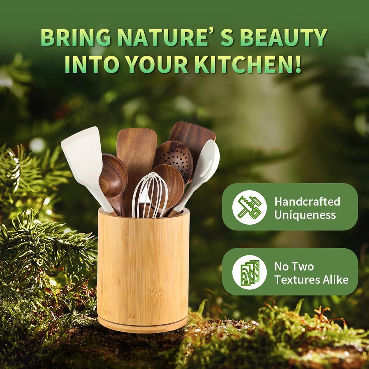Acacia Wood Utensil Holder, 360° Rotating 7.3 in Kitchen Organizer | Rustic farmhouse countertop decor. Rotating base for easy access to spatulas, spoons, and cooking utensils. 7.3-inch capacity
