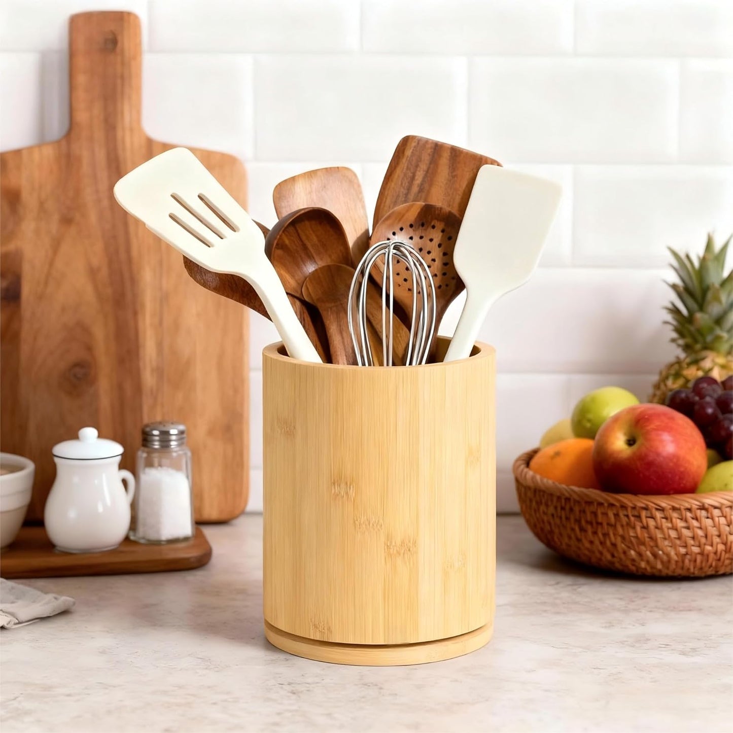 Acacia Wood Utensil Holder, 360° Rotating 7.3 in Kitchen Organizer | Rustic farmhouse countertop decor. Rotating base for easy access to spatulas, spoons, and cooking utensils. 7.3-inch capacity