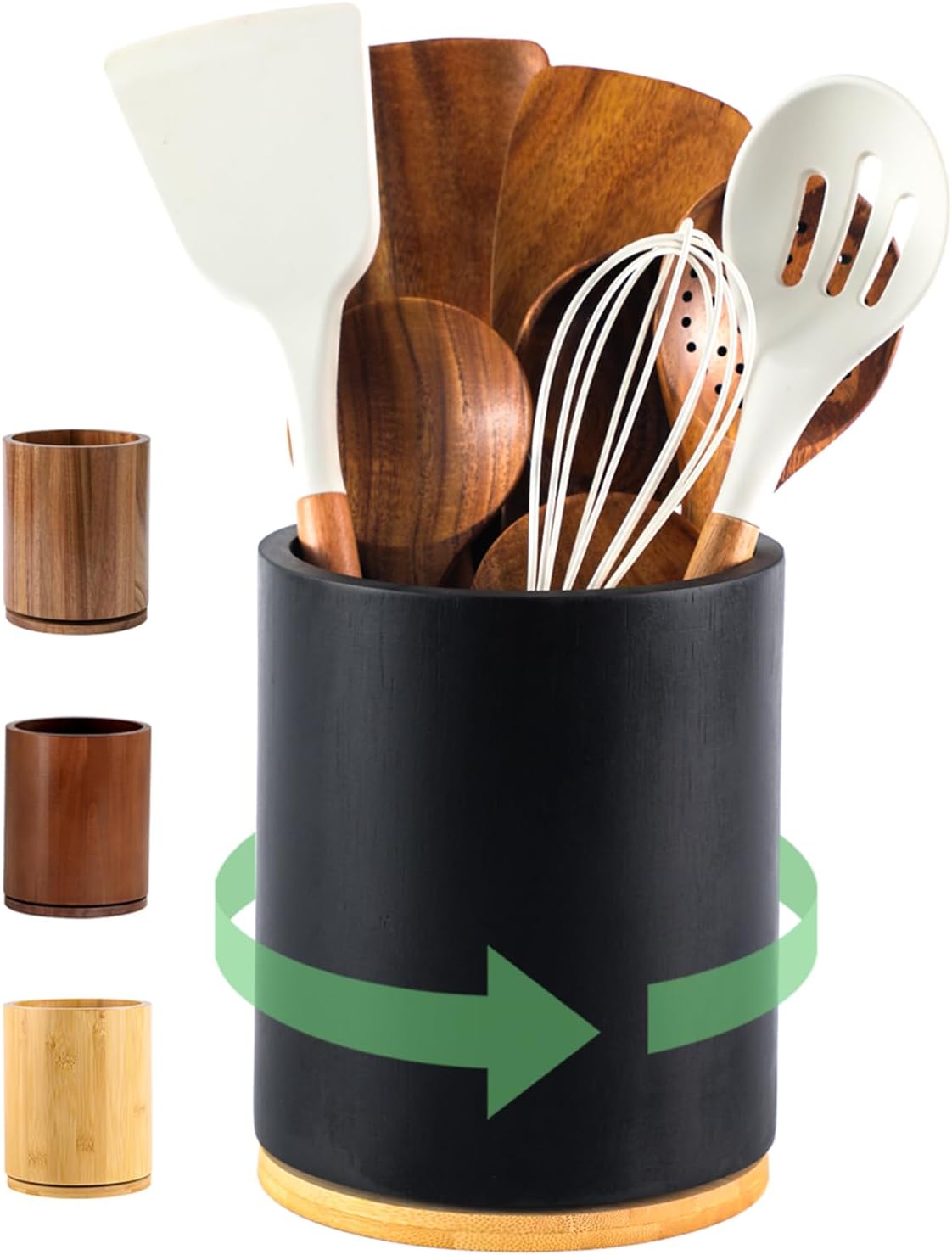 Acacia Wood Utensil Holder, 360° Rotating 7.3 in Kitchen Organizer | Rustic farmhouse countertop decor. Rotating base for easy access to spatulas, spoons, and cooking utensils. 7.3-inch capacity