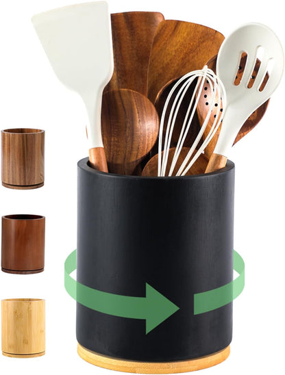 Acacia Wood Utensil Holder, 360° Rotating 7.3 in Kitchen Organizer | Rustic farmhouse countertop decor. Rotating base for easy access to spatulas, spoons, and cooking utensils. 7.3-inch capacity